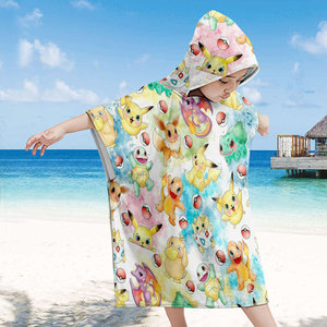 Serviette de plage à capuche pour enfants personnalisée avec un motif de dessin animé mignon Pokemoned, poncho doux et absorbant en coton biologique, serviettes de bain pour enfants - Product Image 4