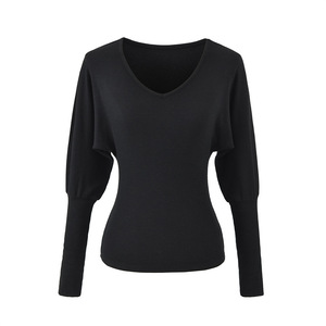 T-shirt da <span class=keywords><strong>donna</strong></span> a maniche lunghe a pipistrello con scollo a V in misto cotone e <span class=keywords><strong>viscosa</strong></span> spazzolato, tinta unita, per autunno, outdoor e street style - Product Image 6