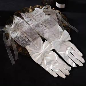 2024 français coude longueur Satin doigt complet gants de mariée élégant dentelle Satin Patch arc longue <span class=keywords><strong>mitaine</strong></span> <span class=keywords><strong>mariage</strong></span> gants de mariée - Product Image 1
