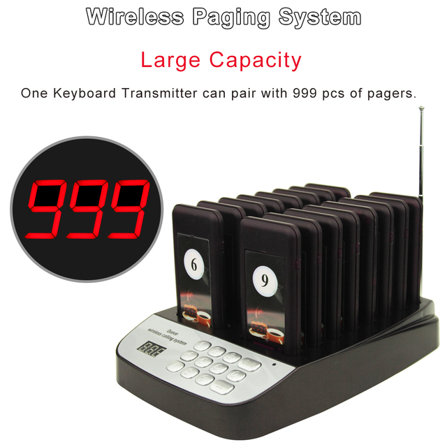 Wireless Calling System Buzzer Restaurant 16 Pager Receiver Vibration 4 Modes With 1 Keypad Transmitter Guest Paging Coaster