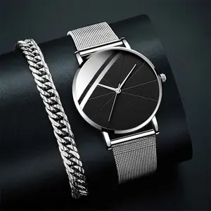 6213 One set Men's Watches Black Dial Mesh Band Sport Quartz Wrist Watch