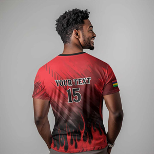 Maillot de l'équipe nationale de football de Mauricienne - T-shirt de football rouge avec motif dodo et flamme, texte « Les Dodos », nom personnalisé - Product Image 4