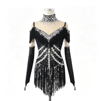 Robe de patinage artistique noire à franges, col montant, ornée de strass faits à la main, pour adultes et enfants, pour compétition et spectacle de danse sur glace