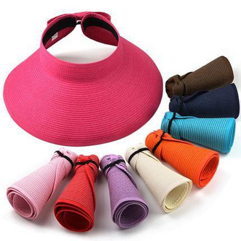Q412 Lady Sunscreen Floppy Straw Visor Foldable Summer Large Wide Brim Beach Hat Bowknot Roll Up Straw Visor Hat for Women
