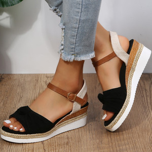 Sandali con Zeppa e Cinturino alla Caviglia in Lino e Pelle PU con Fiocco Marrone - Novità 2024 per Donna - Product Image 2