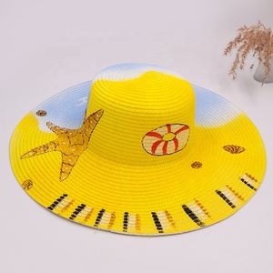 Chapeau de plage en paille de papier flamant rose étoile de mer <span class=keywords><strong>Capeline</strong></span> peinture à la main pour femmes - Product Image 6