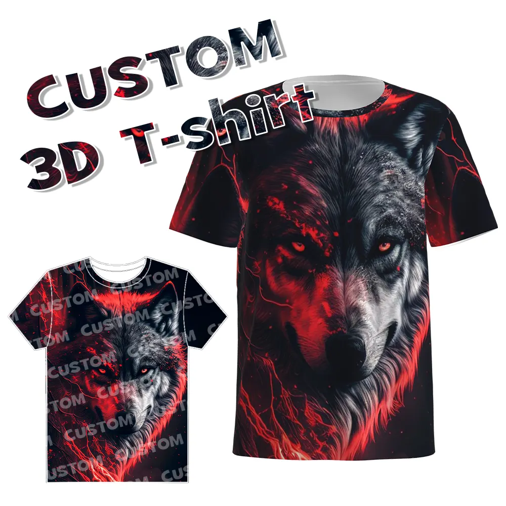 Camiseta de sublimação 3D animal personalizada com estampa de lobo de grandes dimensões para homens, novo design de algodão e poliéster, novidade de 2024