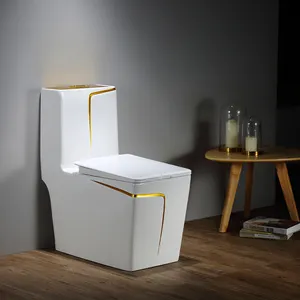 Nieuwe Ontwerp Sanitair Keramische Nano Glazuur Goud Lijn Decoratie Sifon Blozen Een Stuk Wit Toiletpot