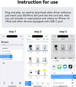 Lector de Tarjetas de <span class=keywords><strong>Memoria</strong></span> USB C MicroSD SD TF 2 en 1 Premium, Plug and Play, <span class=keywords><strong>para</strong></span> iPhone 15/16/17/iPad/Macbook/Cámara - Product Image 6