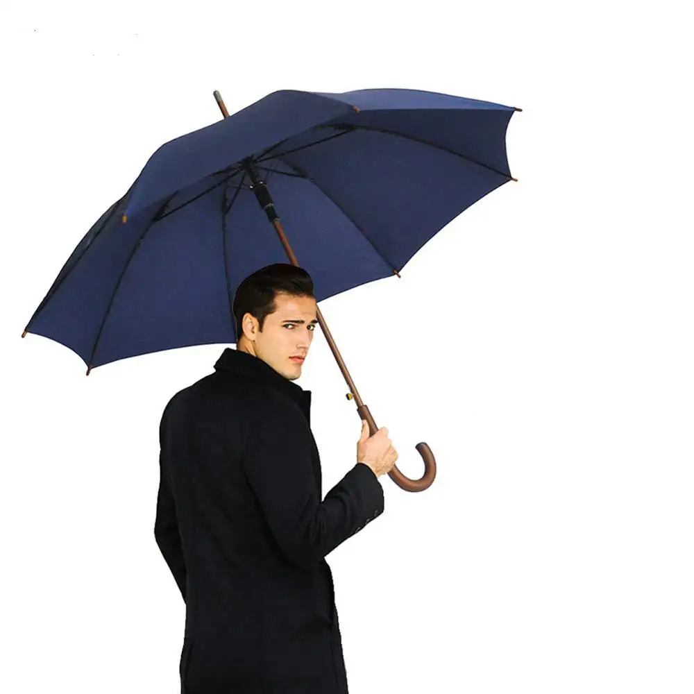 Walking Stick Rain Umbrella Automatic Open Windproof Wooden J Handle Golf Rain Umbrella for Men and Women