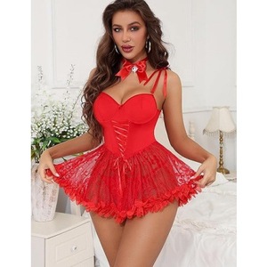 Costume <span class=keywords><strong>Sexy</strong></span> da Cameriera, Gonna Bianca in Rete con Fiocco, Mini Abito con Decorazioni Floreali, Regalo per Luna di Miele - Product Image 1