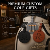 Étiquette de sac de golf ronde en similicuir gravable au laser avec 5 tees en bois vierges à graver au laser, porte-tees en cuir PU pour sac de golf