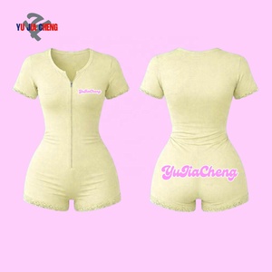 Combinaison moulante personnalisée à col en V avec dentelle, manches courtes, <span class=keywords><strong>combishort</strong></span> de sport, short, combinaison une pièce zippée pour femme - Product Image 2