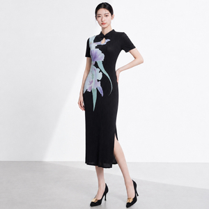 Women's Casual Chinese Style Black Floral Print Embroidery Ruched Midi <b>Dress</b> Sleeveless Stand Collar Eco-Friendly Washable - Product Image 2