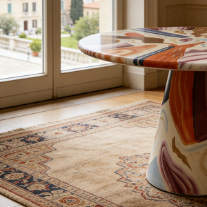 Mesa de Comedor Redonda de Lujo, Moderna, con Patrón en Espiral Colorido, Tapa de Mármol Artístico, Base Cónica, Muebles para Restaurante - Product Image 4