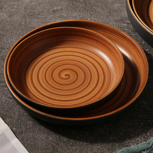 طبق سيراميك دائري بني عتيق من WEIYE بتصميم دائري مصنوع يدويًا من البورسلين لتقديم الطعام - Product Image 4