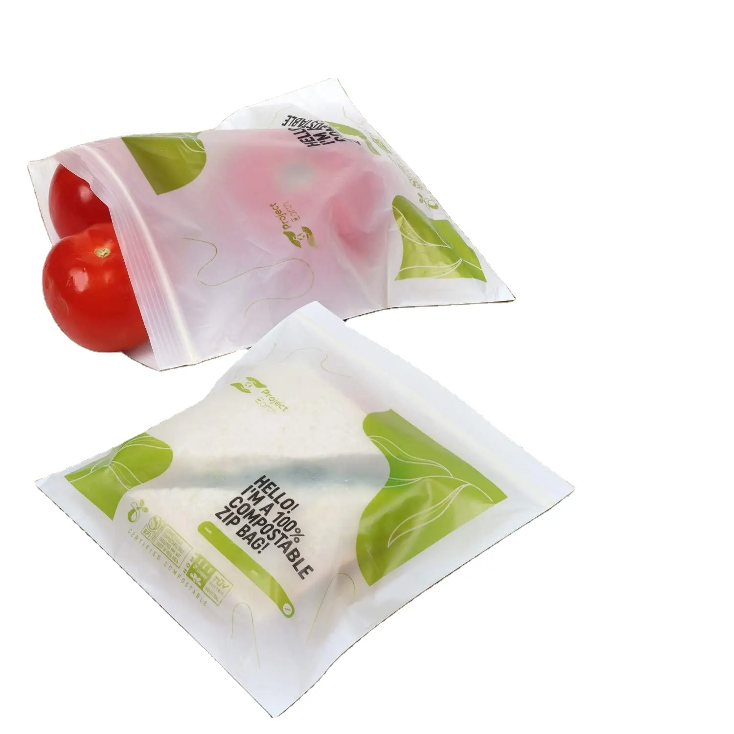 Sac de congélation compostable refermable 100% biodégradable durable à base d'amidon de maïs non plastique transparent personnalisé à fermeture éclair