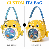 Tas Ita Ikan Buntal Lucu Kustom, Kulit Paten Mengkilap, Duri Putih, Sirip Perut Krem, Jendela Transparan Bulat, Tas Ransel Kawaii