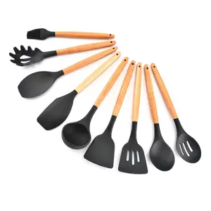 9 Pieces Natural Wooden Handles Cookware Tools Turner Tongs Spatula Spoon Silicone Kitchen Cooking Utensil Set