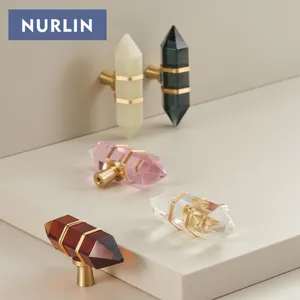 Nurlin Brass Transparent Acrylic Crystal Handle Brass Wire Wrapped Knob Cabinet Drawer Wardrobe Door T-bar