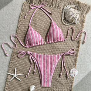 Ensemble bikini tricoté rayé pour femmes, maillot de bain rose à lacets, deux pièces, pour vacances à la plage - Product Image 1