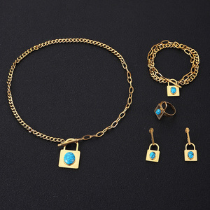 ステンレススチール ターコイズ ブレスレットセット ジョーカーネックレス スクエアペンダントチャーム 4点ジュエリーセット - Product Image 3