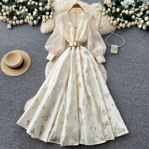 Robe trapèze pour femme, nouvelle collection automne 2026, style rétro français, col <span class=keywords><strong>carré</strong></span>, manches longues, taille haute, vente en gros pour boutiques - Product Image 2