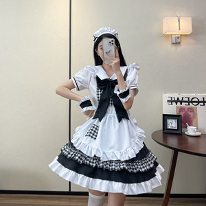 Maid Costume Women White <b>Red</b> Checkered Lolita Dress With <b>Bow</b> Apron Plus Size Adult Cosplay Outfit - Product Image 4