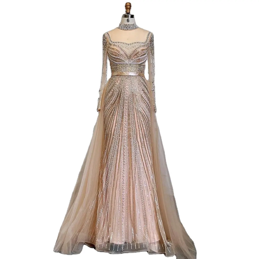 Khỏa Thân đầy đủ tay áo Nàng Tiên Cá Evening Dresses 2024 thanh thản Hill la71533 đính cườm tua sang trọng áo chính thức Đảng