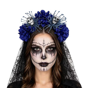 Diadema de tela hecha a mano con crisantemos de simulación de novia fantasma de Halloween para mujer, velo de calavera, pinza para el pelo, para fiesta de disfraces - Product Image 4