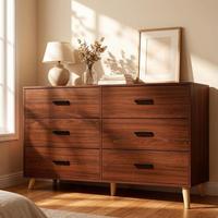 Lemari Pakaian 9 Laci Gaya Mid Century Modern, Kabinet Penyimpanan Kayu Lapis, Kaki Runcing, Finishing Walnut, Gudang Perlengkapan Kamar Tidur
