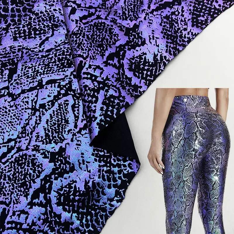 Bahan kain rajut nilon spandeks olahraga peregangan shiny holographic foil yoga kain legging