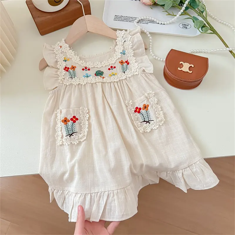 Girl's Dress 2023 Summer New Linen Vintage Embroidery Sleeveless Sundress Little Girl Flying Sleeve Princess Dress