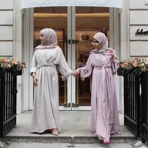 Yibaoli Pasokan Pabrik Gaun Muslim Panjang dengan Sabuk Diikat Lipit Grosir Wanita Abaya Islam Dubai Gaun Muslim