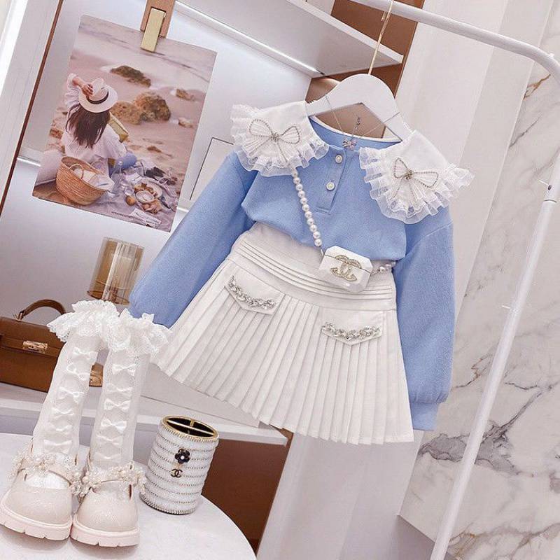 Korean Style Girls' Casual Clothes Three-Piece Vest Set Autumn Kid Fashion Suit Dress Long Sleeves + Pleated Girl Sweater Dress