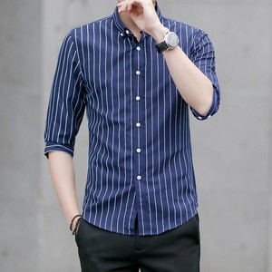 Camisa a Rayas de Manga Tres Cuartos, Estilo Coreano, Elástica, para las Cuatro Estaciones, Ropa Masculina, Informal de Negocios, Cuello Cuadrado, Combinable con Todo - Product Image 2