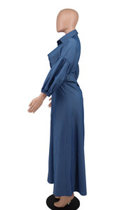 เดรสเสื้อยีนส์สีทึบสำหรับผู้หญิงมาใหม่ลำลองพร้อมเข็มขัดแฟชั่น - Product Image 4