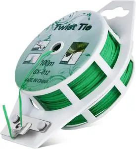 100M 328Ft สวน Twist Tie พืชสีเขียว Twist Tie ม้วนลวดพร้อมเครื่องตัดลวดพลาสติกอ่อน Twist Tie
