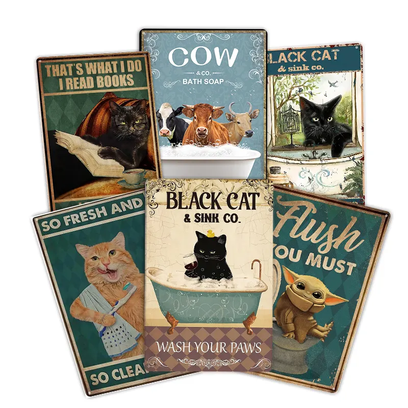 Amazon tuvalet işareti Vintage Poster sıcak satış siyah kedi serisi Metal teneke toptan özel Poster boyama el sanatları 8x12in HuiSu OEM