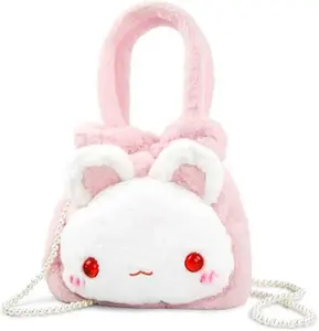 J713 10 Inch Pink Bunny Purse Gift Fluffy Handbag & Crossbody with Detachable Pearl Chain Cartoon Party fluffy rabbit Girls Bag