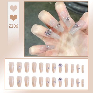 Faux ongles à presser nude, forme cercueil, taille moyenne, avec strass brillants et ligne blanche, finition brillante, réutilisables, à coller, pour usage quotidien et soirées - Product Image 1