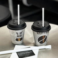 Vasos de Café de Plástico PP IML Premium de 90 mm y 300 ml, Diseño Hueco Plateado Metálico, Esmerilados y Gruesos, con Tapas para Bebidas Frías y Calientes, Logotipo Personalizado