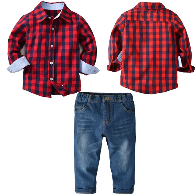 Jongen Plaid Lange Mouwen Denim Broek Pak Kinderen Herfst En Winter Dieptepunt Shirt Baby Jurk