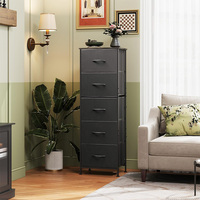 Commode haute à 5 tiroirs pour organisateur de rangement avec bacs en tissu dessus en bois coffre à cadre en acier robuste imprimé grain de bois noir rustique