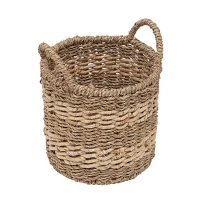 Household Straw Storage Basket Color Feature Eco Material Friendly Wicker Woven Handmade Round Handle Seagrass