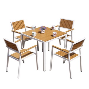 Outdoor Wood Garden <b>Table</b> Set 4 Seater Steel Frame Weather Resistant Contemporary Design For Patio <b>Balcony</b> Use - Product Image 1