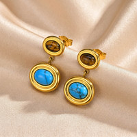 Pendientes de Turquesa Natural Ovalados en Acero Inoxidable Estilo Vintage con Baño de Oro PVD de 18k para Mujer