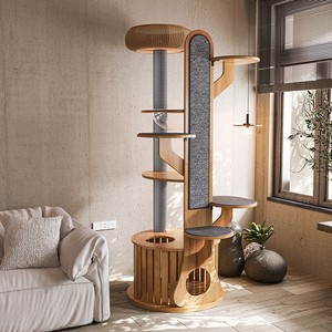 Rak Panjat Kucing Mewah Modern dari Kayu Solid, Mainan Pohon Kucing Besar Terintegrasi dengan Tempat Tidur Kucing Bertingkat dan Tempat Garukan Kucing - Product Image 2