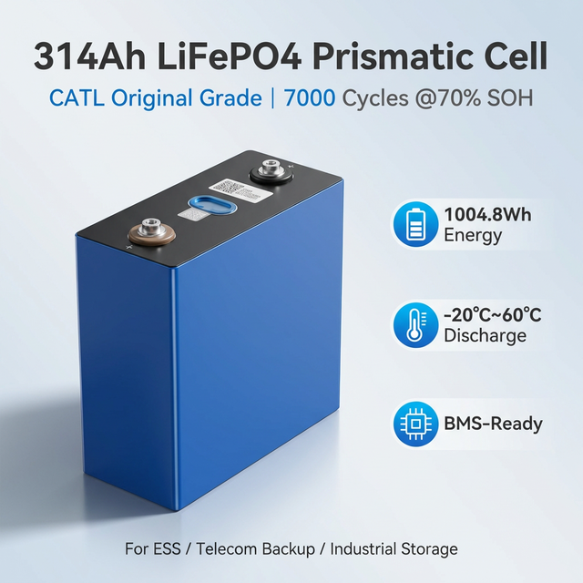 Grade a CATL 314Ah LiFePO4 Cell 3.2V 1004.8Wh LFP Battery Prismatic Lithium Iron Phosphate for Off-Grid Solar Storage