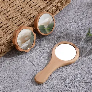 Custom Logo Portable Women Compact Round Beauty Wooden Handle Mirror Fashion Makeup Wood Mirror